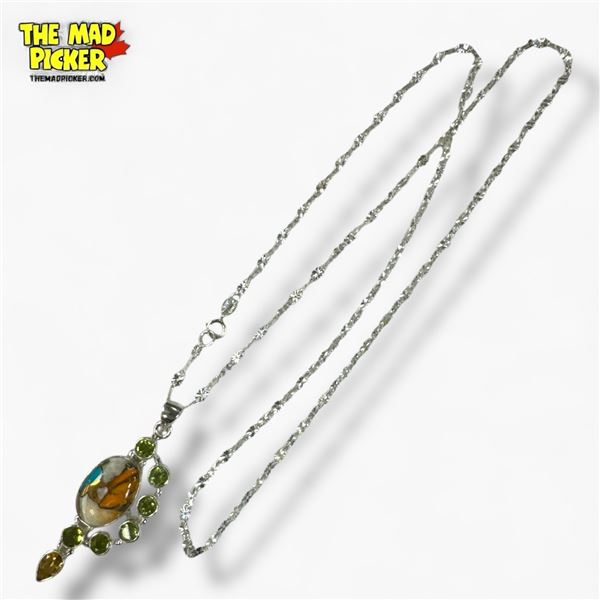 New Sterling Silver Spiny Oyster Turquoise, Peridot & Citrine Necklace (20 x 48 mm pendant on 26" ch