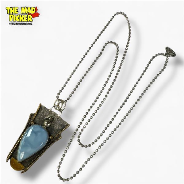 New Sterling Silver Blue Lace Agate Necklace with Golden Accents- (34 x 61 mm pendant on 28" chain) 