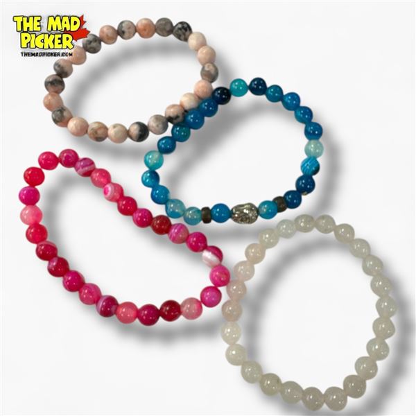 4 Natural Polished Gemstone Bead Bracelets - Rose Quartz, Pink Banded, Pink Zebra, and Blue Agate  (