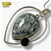 Image 1 : .925 Sterling Silver Pinolith Jasper & Garnet Necklace - 31 x 52 mm pendant on 23" Sterling Chain -