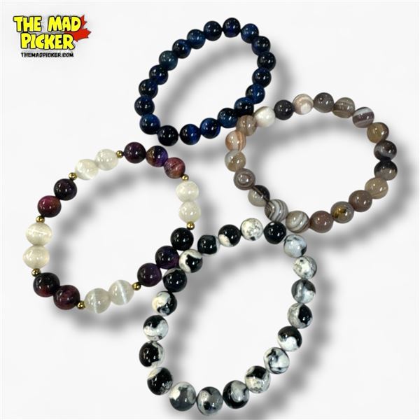 4 Natural Polished Gemstone & Glass Bead Bracelets (10 mm beads)