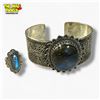 Image 1 : .925 Sterling Silver Labradorite Cuff Bracelet & Size 6 Ring - Total weight: 68.3 grams