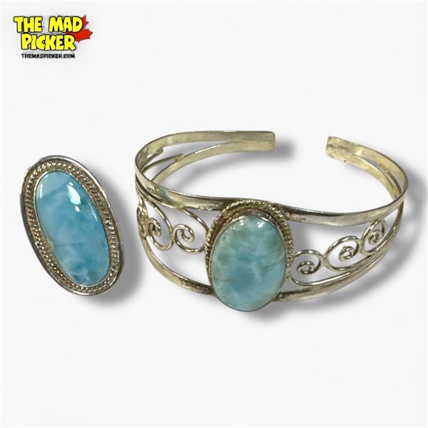 Sterling Silver Larimar  Gemstone Cuff Bracelet & Ring Set  (Bracelet is 29 mm wide) - Total weight: