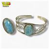 Image 1 : Sterling Silver Larimar  Gemstone Cuff Bracelet & Ring Set  (Bracelet is 29 mm wide) - Total weight: