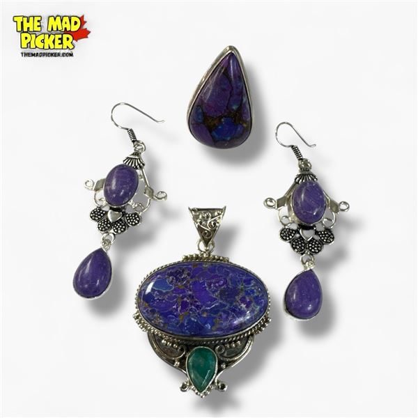 Sterling Silver Purple Turquoise Ring, Pendant & Earrings (Ring  is 33 mm wide) - Total weight: 22.2