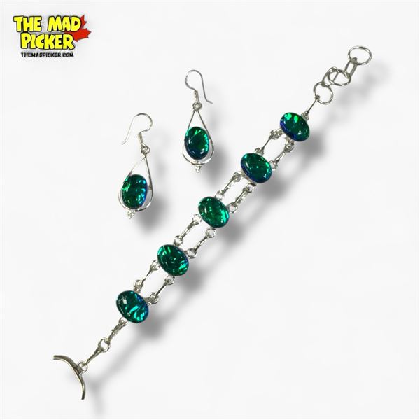 .925 Silver Opal Triplet Toggle Bracelet & Earrings Set - Bracelet Is 15 mm wide - Total weight 25.2