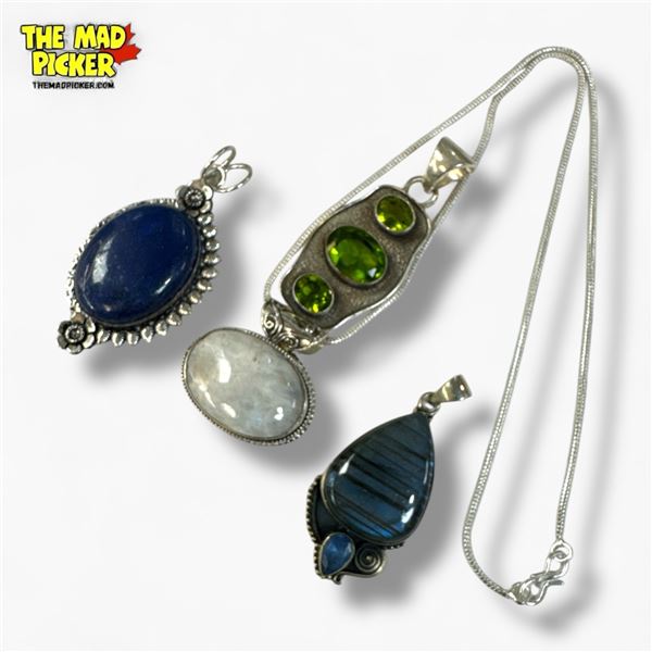 4 New Sterling Silver & Gemstone Pendants and 1 Chain - Total Weight: 63.7 grams