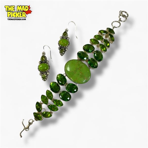 .925 Sterling Green Turquoise & Peridot Bracelet & Earrings Set (Bracelet is 1.5" wide)- Total weigh