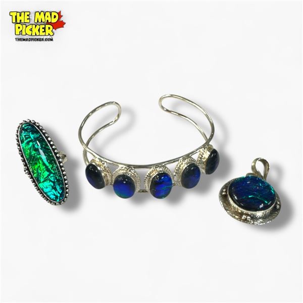 .925 Sterling Silver Triplet Opal Pendant, Earrings & Cuff Bracelet - Total weight: 46.9 grams