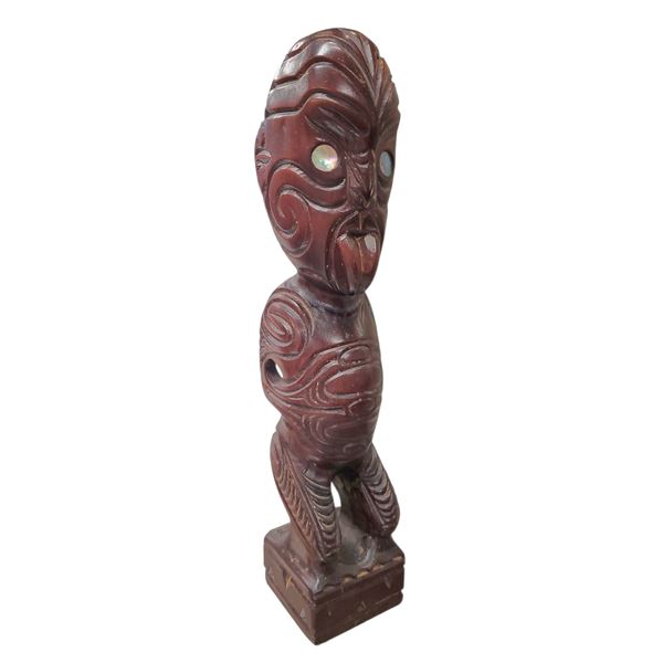 Māori Tekoteko Hand-Carved Wooden Ancestral Figure 13" Rotorua NZ