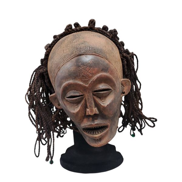 West African Yoruba Baule Ceremonial Mask Mid-20th Century Wooden with Fiber & Bead Details