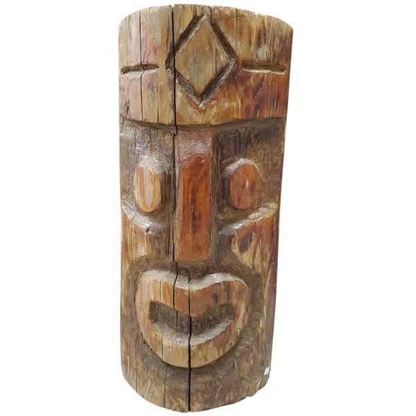 Hand-Carved Vintage Tiki Mask Log 22-Inch Tall Wooden Polynesian Style