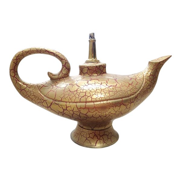 Large Alladdin Genie Lamp Lighter Red Gold  Crackle Finish Porcelain  14.5" Long with Brass Lighter