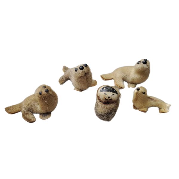 Handcrafted Inuit Seal Fur Figures Collection 5 Pieces 5 IN Total Largest 3" Long