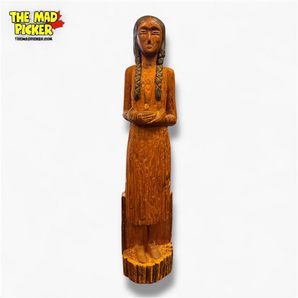 Early Hand Carved First Nations Woman in British Columbia Cedar Log Folk Art