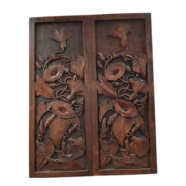 Art Nouveau Wood Relief Carving Floral Motif 19x24 Inch Dark Heavy Panel