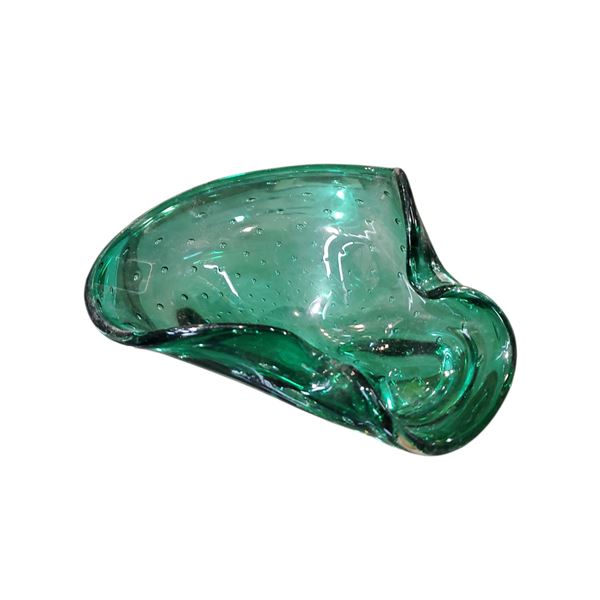 Vintage Murano Green Art Glass Ashtray Bowl Bullicante Technique Mid-Century 9" Long