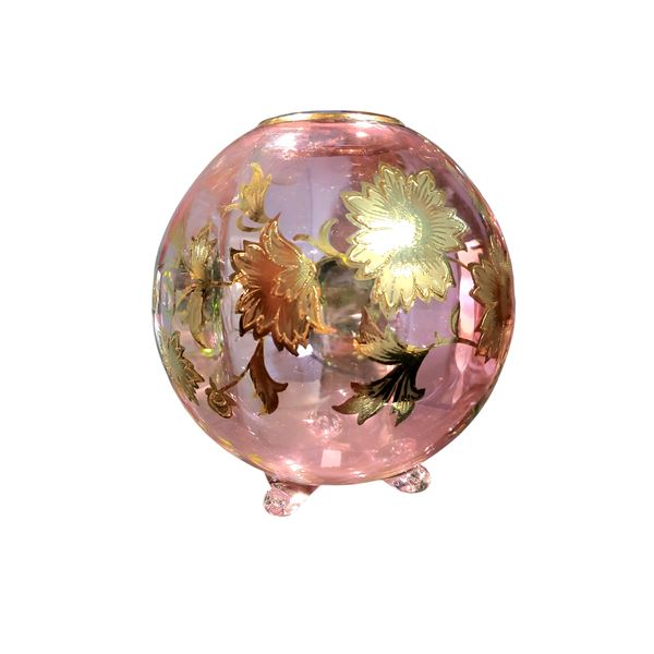 Moser Bohemian Cranberry Glass Rose Bowl Vase with Gold Floral Overlay and Clear Feet 7.5" Tall