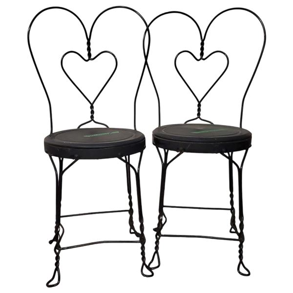 Pair of Early 20th-Century Wrought Iron Ice Cream Parlor Chairs Black Heart Back