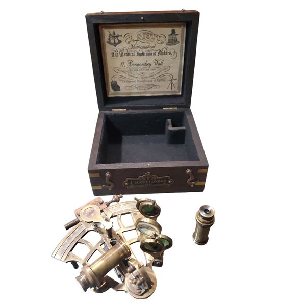 Sailor's Art Brass Nautical Sextant J. Scott Replica with Wooden Box 6x5.5x3 Inches