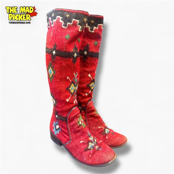 Vintage Pair of Jerry Edouard Red Kilim Tapestry Embroidered Knee High Boots Size 6 1/2 B