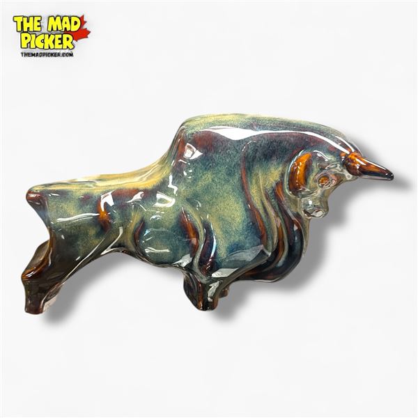 Iridescent Stoneware Ceramic Bull 12 Inch Late Art Deco Mid-20th Century