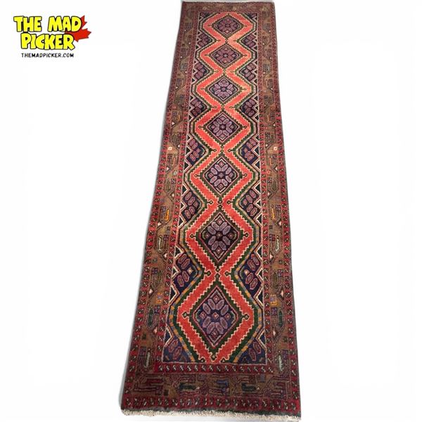 Hamedan Region Persian Carpet Runner Hand-Knotted Wool Geometric Design 284x75cm Made in Iran