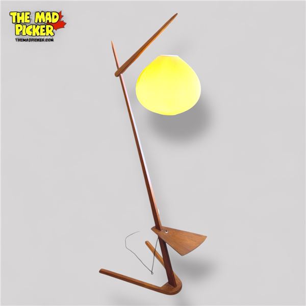 Mid-Century Modern Teak Cantilever Floor Lamp with Pleated Sphere Shade