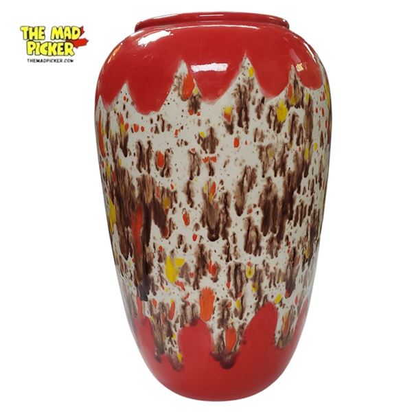 West German Fat Lava Vase 1960s-1970s Splatter Glaze Red Orange Brown Ceramic - 11in Tall