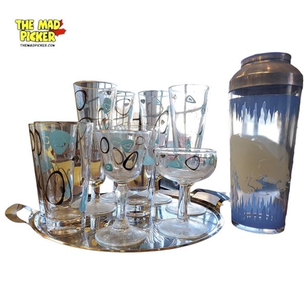 1950s Federal Glass 'Contemporary #4695' Atomic Turquoise Cocktail Set with Shaker & Serving Tray