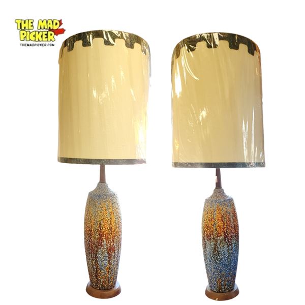 Pair of Mid-Century Modern Ceramic Table Lamps with Drip Glaze - 37in Tall