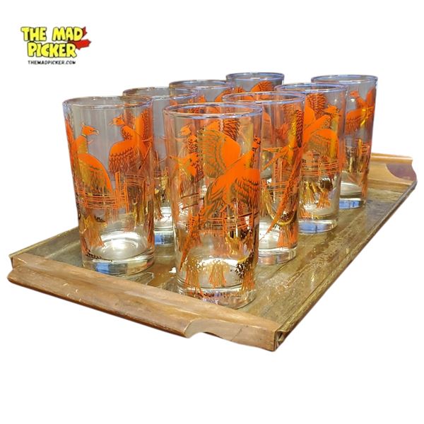 Set of Vintage Vibrant Red & Gold Design Pheasants Highball Glasses with Serving Tray