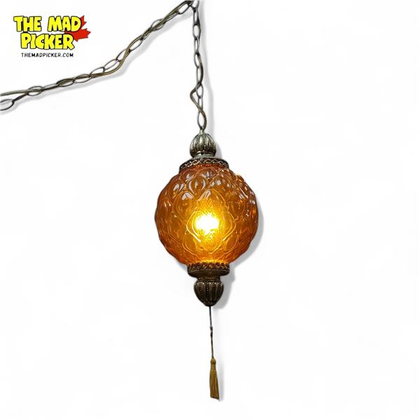 1960s-1970s  Amber Glass Hanging Swag Lamp - Pendant Approx 24in Tall