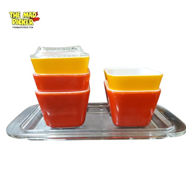 Set of Vintage Pyrex Primary Red and Yellow Refrigerator Dishes & Glass Tray