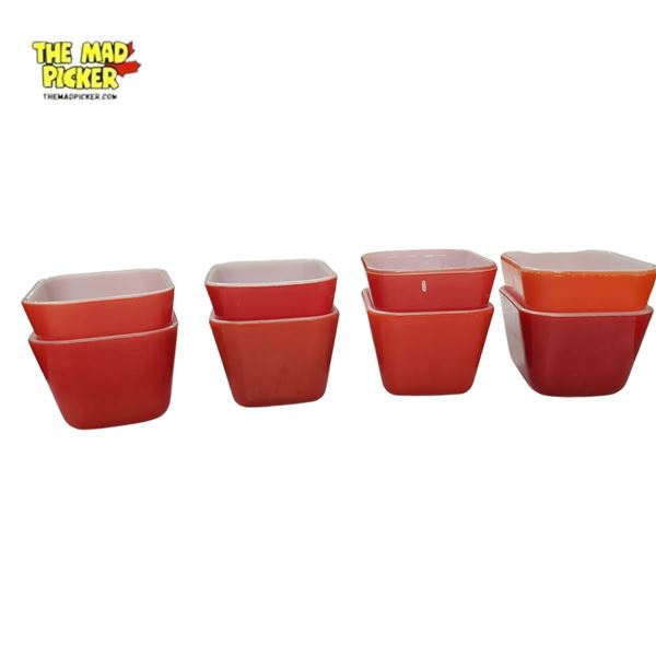8pc Vintage Pyrex Primary Red and Orange Refrigerator Dishes.