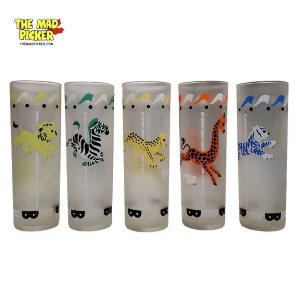 5-Piece Set of 1950s Libbey 'Merry-Go-Round' Frosted Highball Glasses