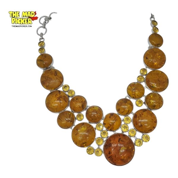 New Amber Resin Collar Necklace in Silver Setting - 2" wide at the front