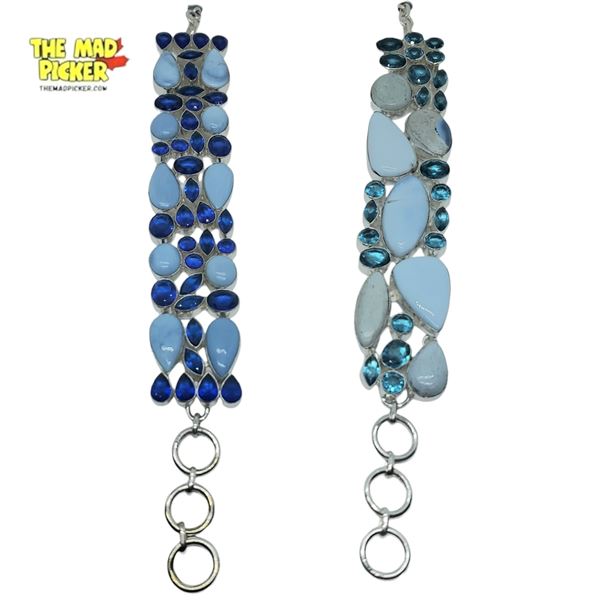 2 New 1.25" Wide Toggle Bracelets in Silver Settings - Larimar & Dark Blue Topaz Crystal and Larimar