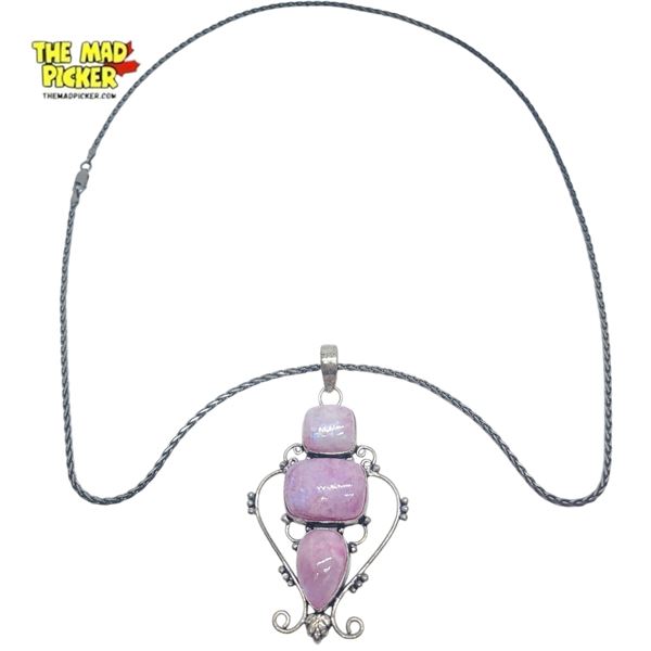 .925 Sterling Silver Pink Moonstone Necklace - 42 x 64 mm pendant on 24" Sterling Chain - Total weig