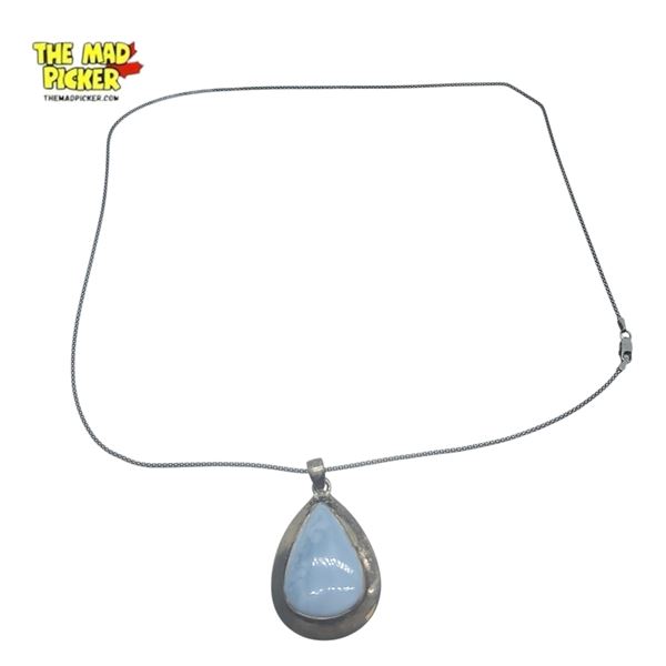 .925 Sterling Silver Blue Larimar Tear Drop Necklace - 31 x 50 mm pendant on 24" Sterling Chain - To