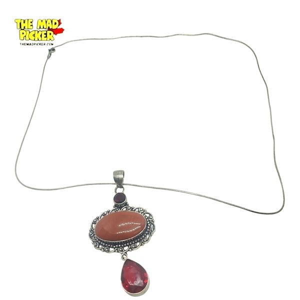.925 Sterling Silver Red Jasper & Garnet Crystal Necklace - 42 x 80 mm pendant on 25" Sterling Chain