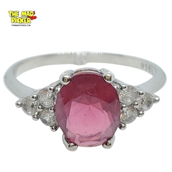 .925 Sterling Silver Garnet & Crystal Ring - Size 10 - 9.7 mm wide - Total weight: 2.4 grams