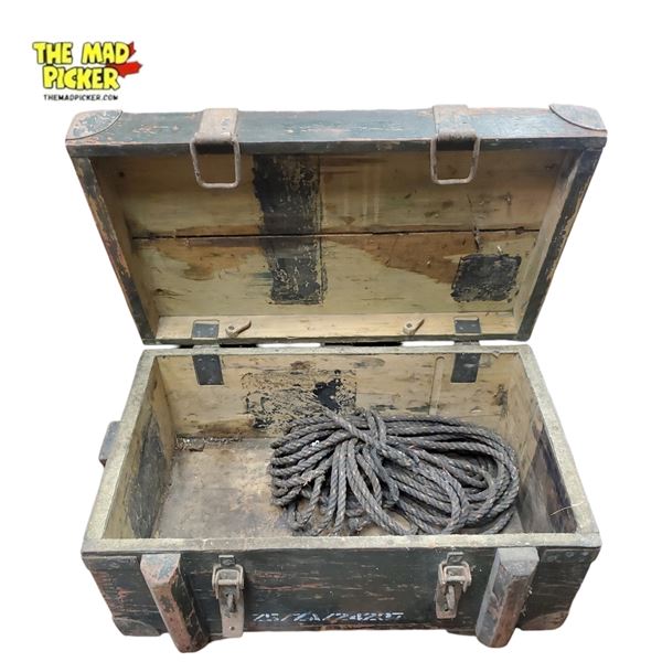 British WWII Green Painted Wooden Box with Ammo Box and Rope 23.5x15x12.5in