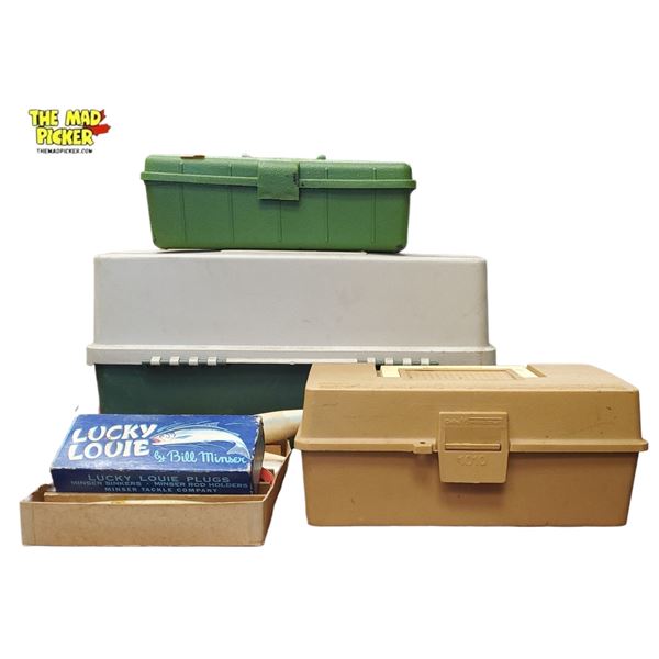Collection of Vintage Plano Tackle Boxes with Lucky Louie Fishing Plugs