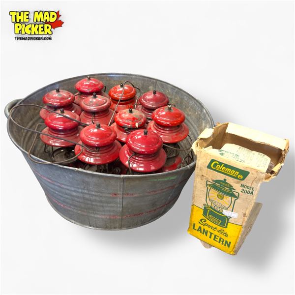 Large Lot of Coleman Model 200 Lanterns (Missing Glass, as is) & Wash Bucket