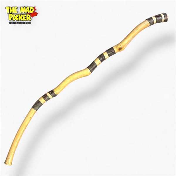 Hand-Carved Natural Wood Walking Stick with Yellow and Black Spiral Design