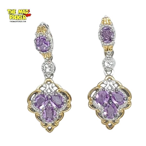 New .925 Silver Amethyst & Crystal Earrings with Gold-tone Accents for Pierced  Ears - 1.25" Long