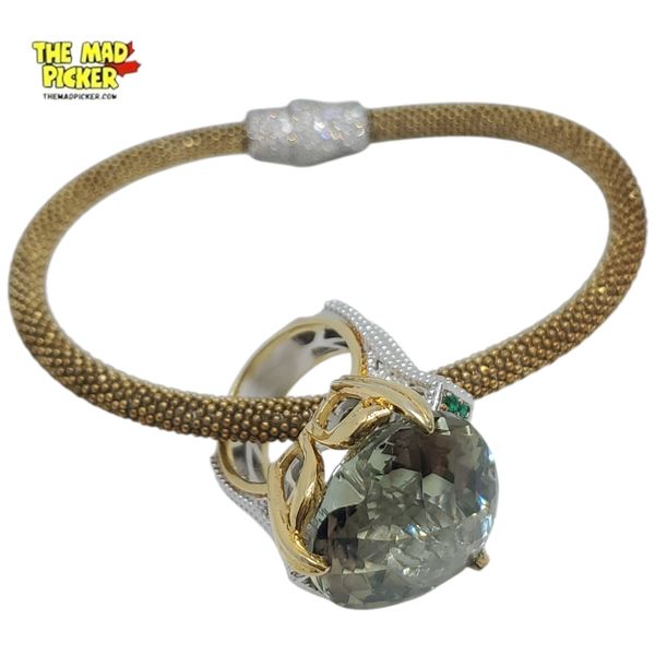 .925 Sterling Silver Gold Accented Magnetic Bracelet & Peridot Crystal Heart Statement Ring (Size 7