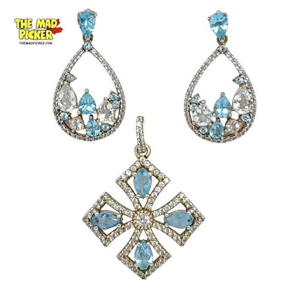 .925 Sterling Silver Aquamarine & Crystal Earrings & Pendant (Gold accented) - Total weight: 9.4 gra