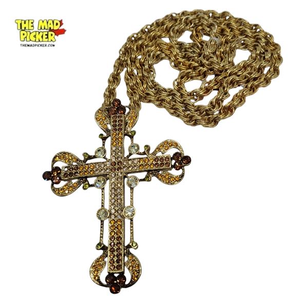 Vintage Jackie Orr Large Gold-Tone Crystal Cross Necklace  on 28" Rope Chain - Cross measures 2.25"
